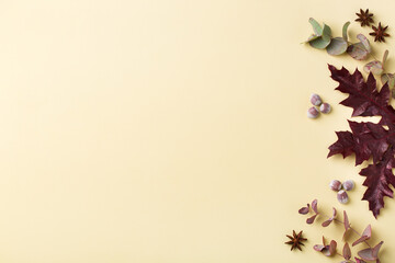 Autumn fall thanksgiving day floral composition with dried leaves