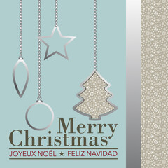 Carte pour souhaiter de bonnes fêtes aux couleurs pastels - texte anglais, français et espagnol - traduction : joyeux Noël.
