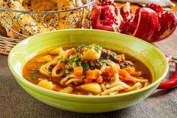 Laghman soup with meat and vegetables