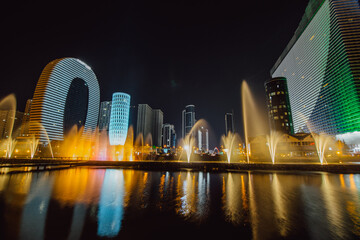Modern buildings in Batumi city. Singing fountain and buildings.