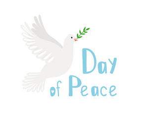 Pigeon of peace. Religious symbol of hope, dove image with olive branch, vector illustration concept of day of peace isolated on white background