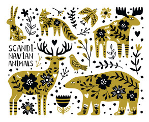 Scandinavian wild animals. Cute bear and deer, rabbit and fox between branches and berries, vector illustration of Nordic animals isolated on white background