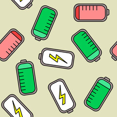 Seamless vector pattern with power batteries low and high charge, lightning on light yellow background. Hand drawn for wallpaper, fabric design, pattern fills.