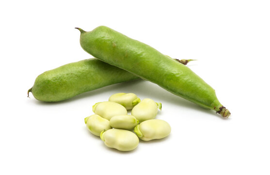 broad bean pods and seeds on white background