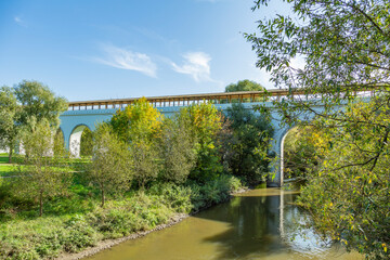 Historical aqueduct of the 18th century made of white stone in Rostokino. Moscow, Russia