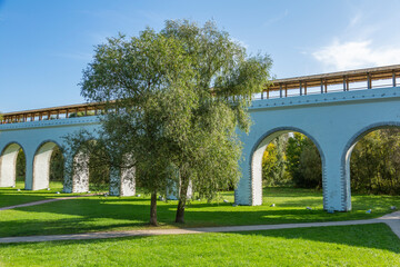 Historical aqueduct of the 18th century made of white stone in Rostokino. Moscow, Russia