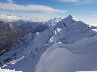 .Winter ski resort view of mountains and slopes