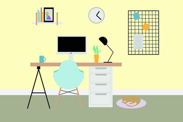 Home office space, work at home, self - isolation. Modern cozy workplace with a wooden table, laptop, Desk lamp, bookshelf, folders, plants, clock, etc. Vector illustration.