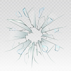 High detailed realistic broken glass isolated on transparent background. With cracks and bullet marks. Realistic transparent shards of broken glass. Vector illustration.