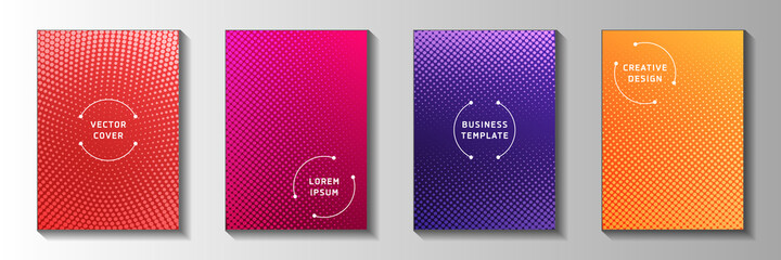 Grunge dot perforated halftone title page templates vector series. Industrial magazine faded 