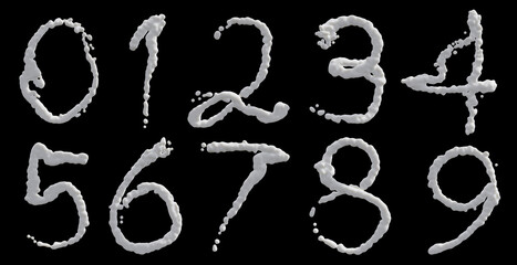 Milk splash numbers isolated on black background. 3d render