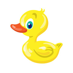 Kids toys. A funny yellow little rubber duck.  In cartoon style. Isolated on white background. Vector flat illustration.