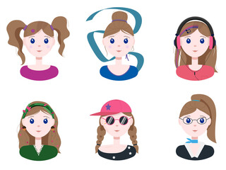 A set of different young girls. Flat illustration with girls with different professions and different fashions. Vector cartoon image. Cute beautiful girls with hairstyles. Characters with different