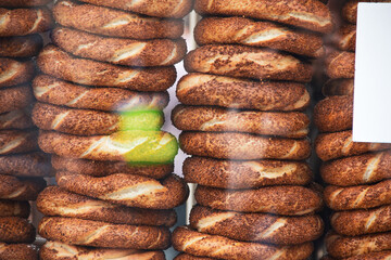 Turkish street food, bagel bread with sesame called Simit in Istanbul