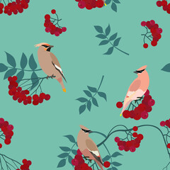 Seamless vector illustration with rowanberry and bird branches.