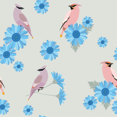 Seamless summer vector illustration with gerberas and birds.