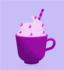 Coffee with cream, sweets and striped straw in a pink cup with lavender background