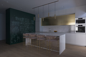 3D illustration of a kitchen with cooking island. Kitchen interior design in a modern style. Modern kitchen design ideas 2020