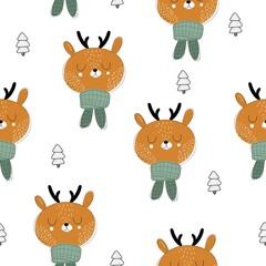 holiday seamless pattern with deer. Merry Christmas. Colorful vector, flat style. design for fabric, print, wrapper