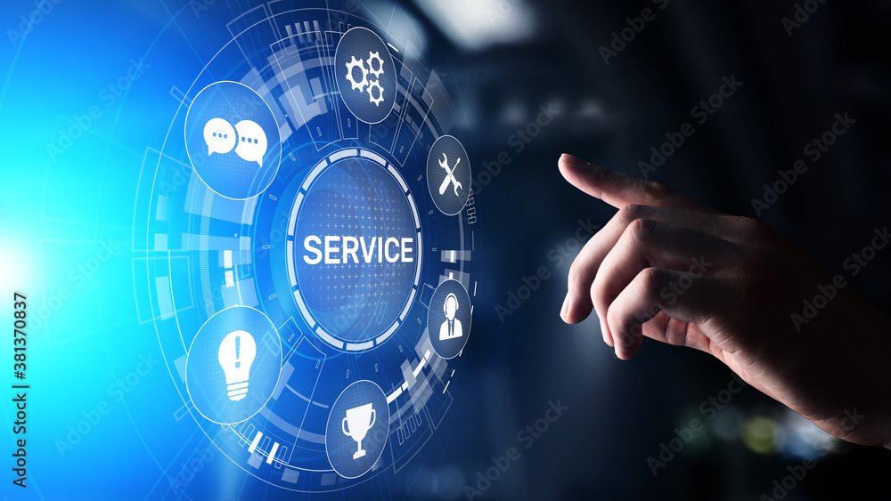 Poster service support customer help call center business technology button on virtual screen.