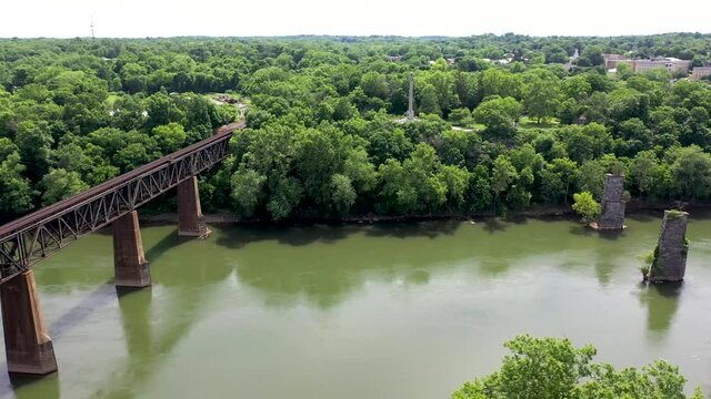 Aerial slide to the left showing Potomac River and Rumsey Monument in Shepherdstown, WV.