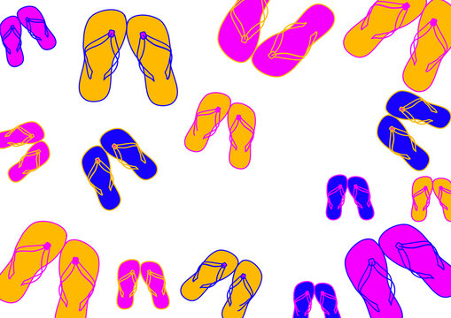 Creative hand drawn flip flops in pink, yellow, blue, cartoon style, isolated, pattern for advertising, footwear, card, print, wrapping paper, summer, packaging, space for text