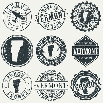 Vermont Set of Stamps. Travel Stamp. Made In Product. Design Seals Old Style Insignia.