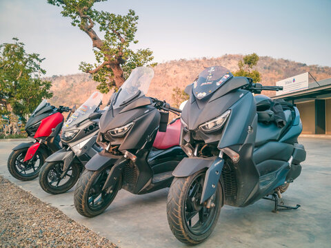 KANCHANABURI, THAILAND - JANUARY 12, 2020 : Yamaha X-Max gang were parking in the line for meeting and gethering after touring together at the gas station on january 12,2020 in Kanchanaburi,Thailand.
