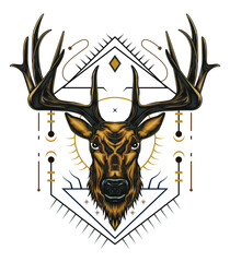 vector Deer illustration with ornament design in serious face. design for T shirt, Logo, mascot, and merchandise.