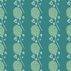 Seamless doodle pattern with green balloons with dashes. Heart outline details. Dark turquoise background.