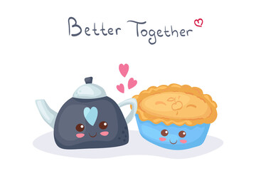 Kawaii vector illustration with Apple Pie & Tea Pot isolated on white background. Cute happy & funny cartoon food characters. Children menu, bakery, t-shirt print. Autumn traditional fruits dessert.