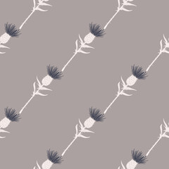 Minimalistic burdock diagonal ornament seamless pattern. Doodle simple silhouettes in pastel colors on grey background.