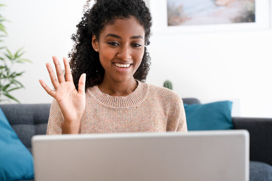 Cheerful Afro Woman Using Video Chat Call At Home