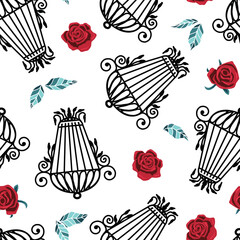 Birdcages and Roses Vector Seamless Pattern