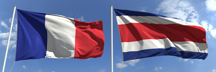 Flying flags of France and Costa Rica on sky background, 3d rendering