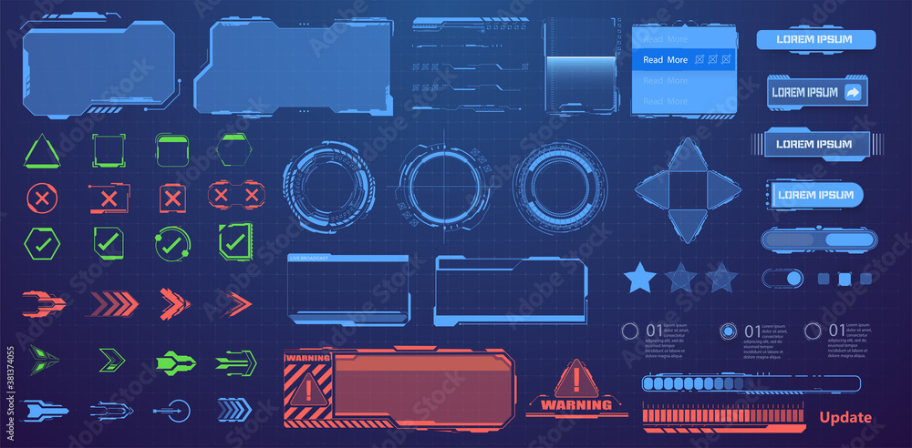 Poster Screens HUD, UI, GUI. Callouts titles. A set of sci-Fi modern user futuristic  interface elements, buttons, arrows, frames, downloads. Information call box bars, modern digital info boxes layout.