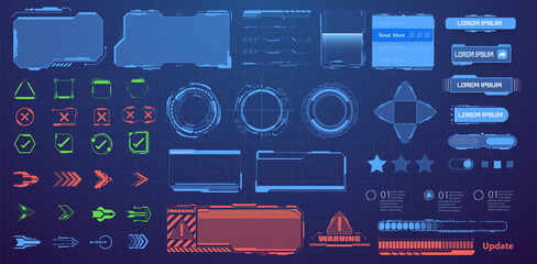 Screens HUD, UI, GUI. Callouts titles. A set of sci-Fi modern user futuristic  interface elements, buttons, arrows, frames, downloads. Information call box bars, modern digital info boxes layout. - obrazy, fototapety, plakaty