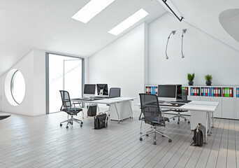 Modern attic office interior.