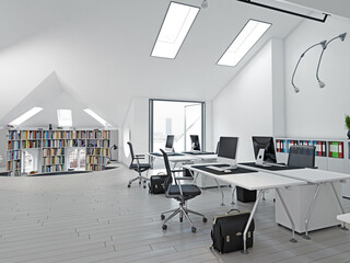 Modern attic office interior.