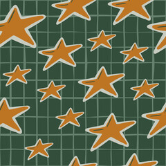 Obraz premium Random seamless tasty print with christmas cookie star silhouettes. Green chequered background with orange colored desserts.