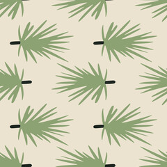 Pastel seamless doodle pattern with pine branch ornament. Green soft foliage shapes on pastel pink background.
