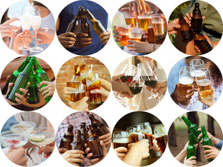 Collage of hands of young friends, colleagues during beer drinking, having fun, clinking bottles, glasses together. Collage design. Oktoberfest, friendship, togetherness, happiness, holidays concept