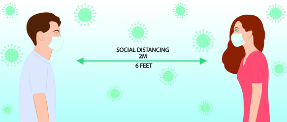 Man and woman wearing surgical mask maintaining social distancing to prevent Corona virus spreading and flu prevention, social isolation and self quarantine concept. Flat style vector illustration