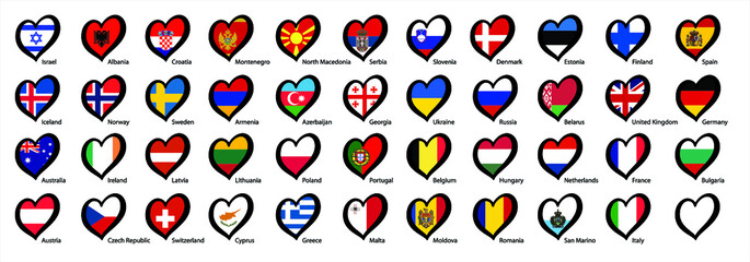Eurovision europe contest song 2021 Funny euro country map heart flag logo symbol Fun music festival icon Songfestival hearts countries Europe © MarkRademaker