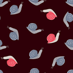 Seamless random pattern with pink and blue colored snails. Stylized wildlife artwotk with maroon dark background.