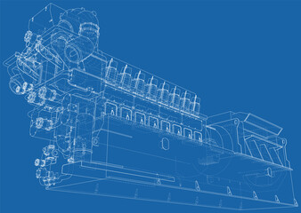 Gas-engine. Gas engine is an internal combustion engine which runs on a gas fuel. Wire-frame line isolated on white. Vector rendering of 3d.