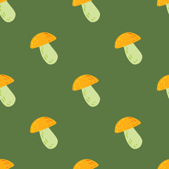 Seamless minimalistic pattern with orange mushrooms shapes. Green background. Boletus print design.