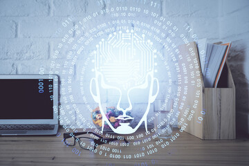 Double exposure of desktop computer and human brain drawing hologram. Ai concept.
