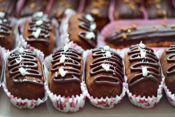 Traditional Russian biscuit cake potato - kartoshka - cake and cream rolled into small potato shape cakes, and then dipped in chocolate coating