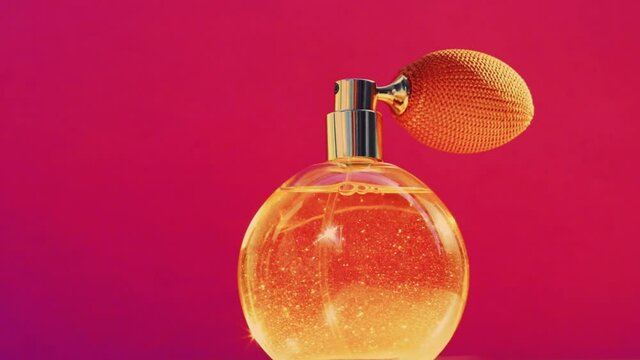 Golden fragrance bottle and shining light flares on pink background, glamorous perfume scent as holiday perfumery product for cosmetic and beauty brand, stock footage
